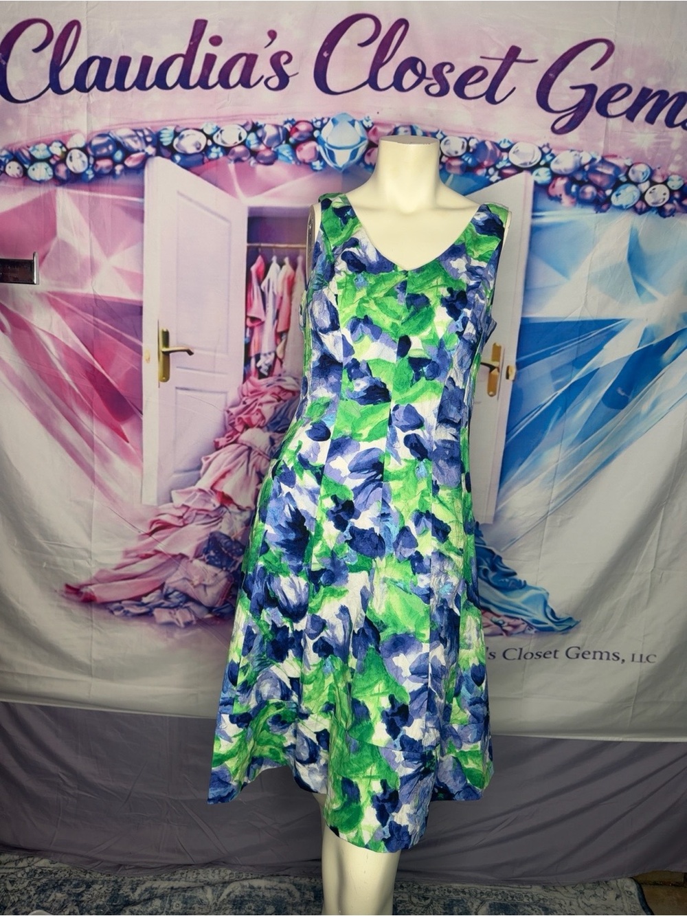 Lauren Ralph Lauren Blue and Green Floral A-Line Midi Dress